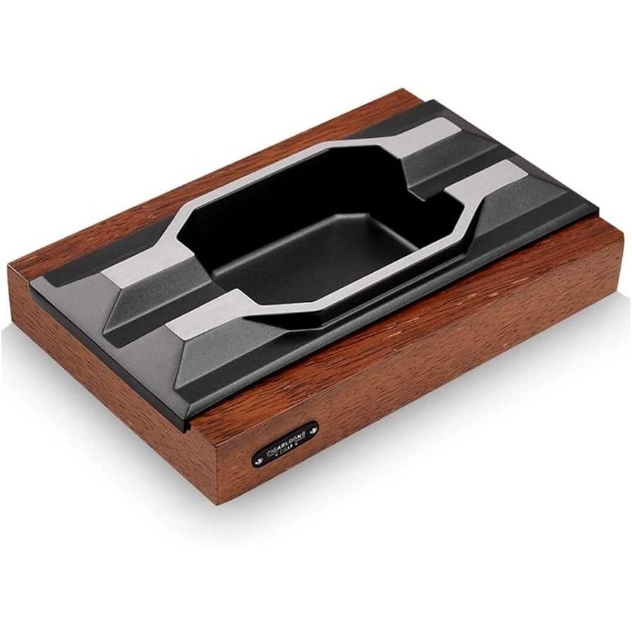 Angelo Cigar Ashtray, Brown Solid Wood Base with black Aluminium body. - 2 position. - Maffei Home of Havana